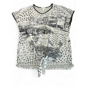 Christopher & Banks Women's Tee Black White Tie Front City Print Black Trim XL